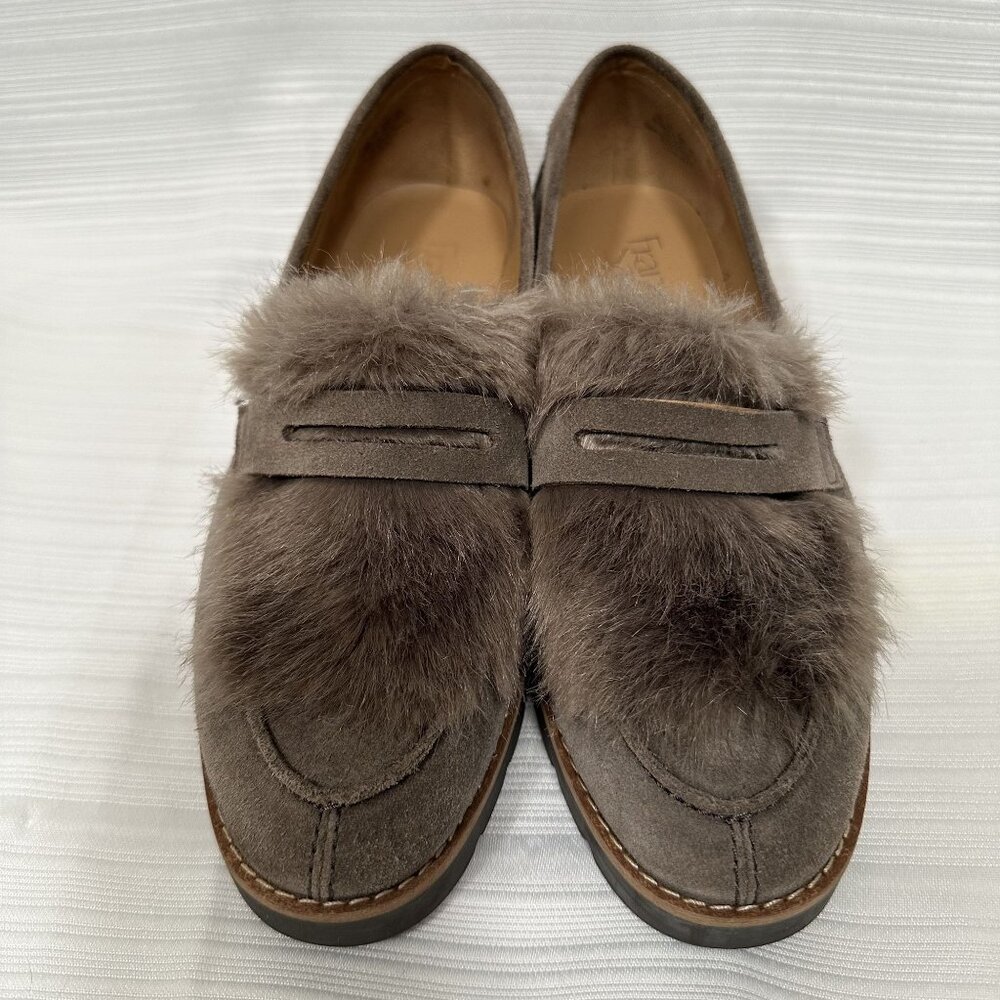 Franco Sarto Harriett Faux Fur Loafers Slip On Shoes Taupe Suede Size 8.5